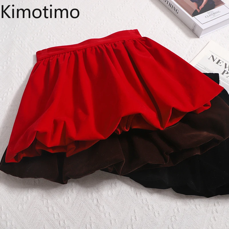 Kimotimo Fashion Velvet Lantern Skirt Shorts Women 2025 Spring High Waist Pleated A Line Mini Skirts Sweet Solid Party Faldas