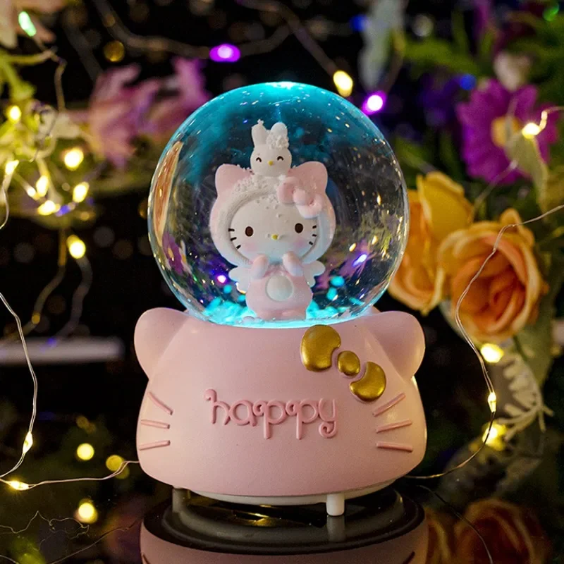 Sanrio Hello Kitty Animation Peripherals Snow Music Box Crystal Ball Desktop Model Ornaments Children Birthday Gifts