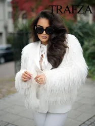 TRAFZA Autumn Winter Women Elegant Faux Fur Coat Round Collar Long Sleeve Thick Warm Jacket Female White Pockets Outerwear Mujer