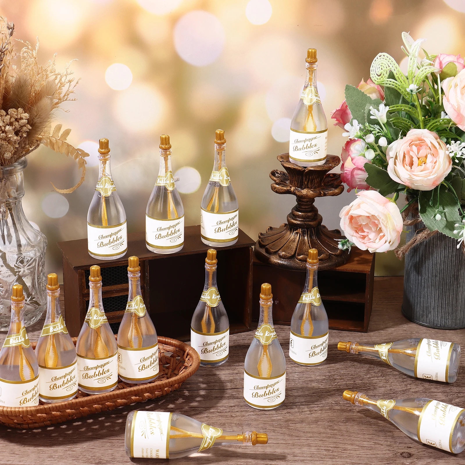 Set di bolle di champagne per matrimonio da 24 pezzi, bolle di nozze con bacchette, bolle di nozze sfuse per bomboniere per ospiti, mini tubo di bolle