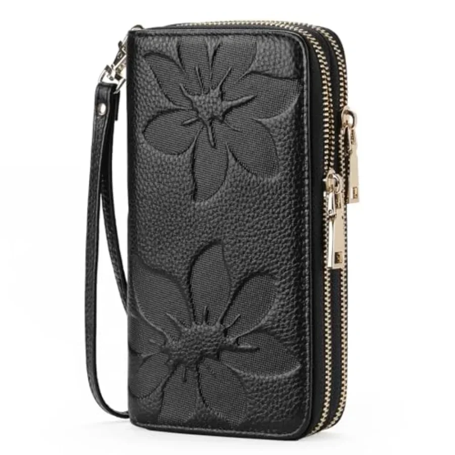 

Women's Wallet Large Capacity Double Zip Ladies Card Phone Holder RFID Blocking Wristlet Leather