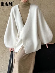 [EAM] Gray Big Size Knitting Cardigan Sweater V-Neck Long Lantern Sleeve Women New Fashion Tide Spring Autumn 2024 1DH8070