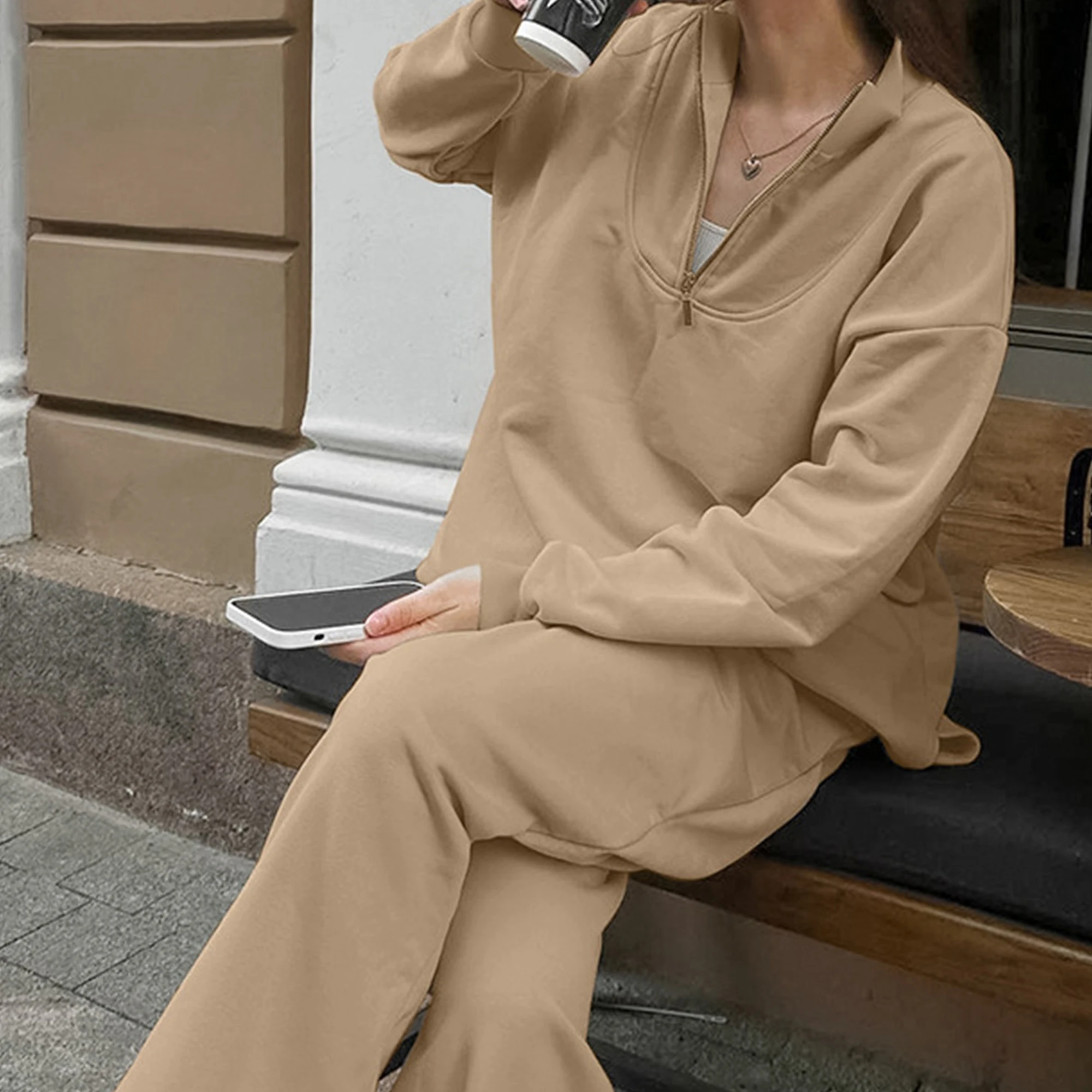 Nuovi pantaloni da donna Set felpe con cappuccio a maniche lunghe con colletto con cerniera top pantaloni Casual larghi femminili abiti moda autunno