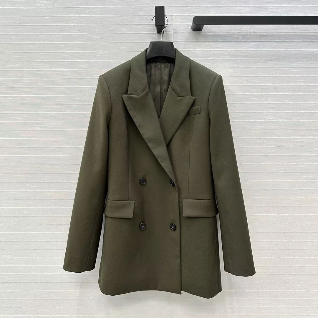 

Французский элегантный женский армейский зеленый длинный пиджак, женский новый осенний двубортный тонкий офисный костюм с длинными рукавами и зубцами, пальто