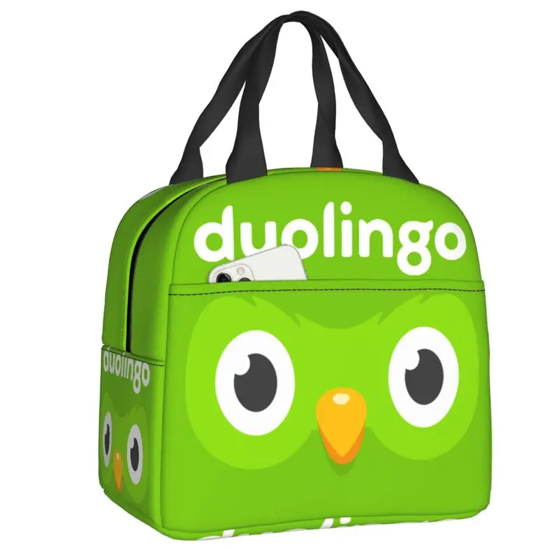 Custom Mascot Owl D-Duolingos Cute Logo Insulated Lunch Bag for Outdoor Picnic The Green Owl Portable Thermal Cooler Lunch Box