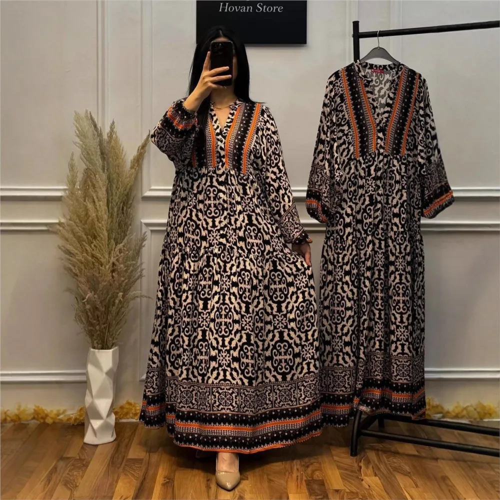 Elegant Long Sleeve Loose Maxi Dress Women 2025 Autumn Fashion Print V-neck Long Dresses Casual