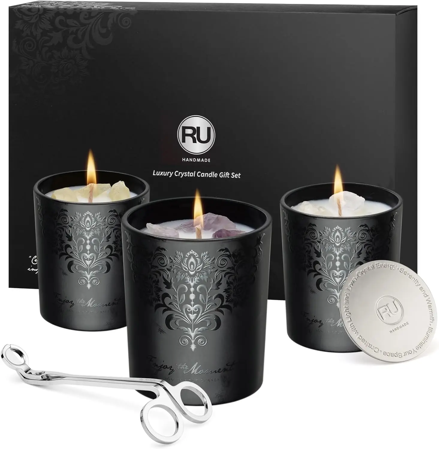 

Luxury Black Scented Candles Gift Set for Men – 3×7oz Soy & Beeswax Crystal Candles with Wick Trimmer