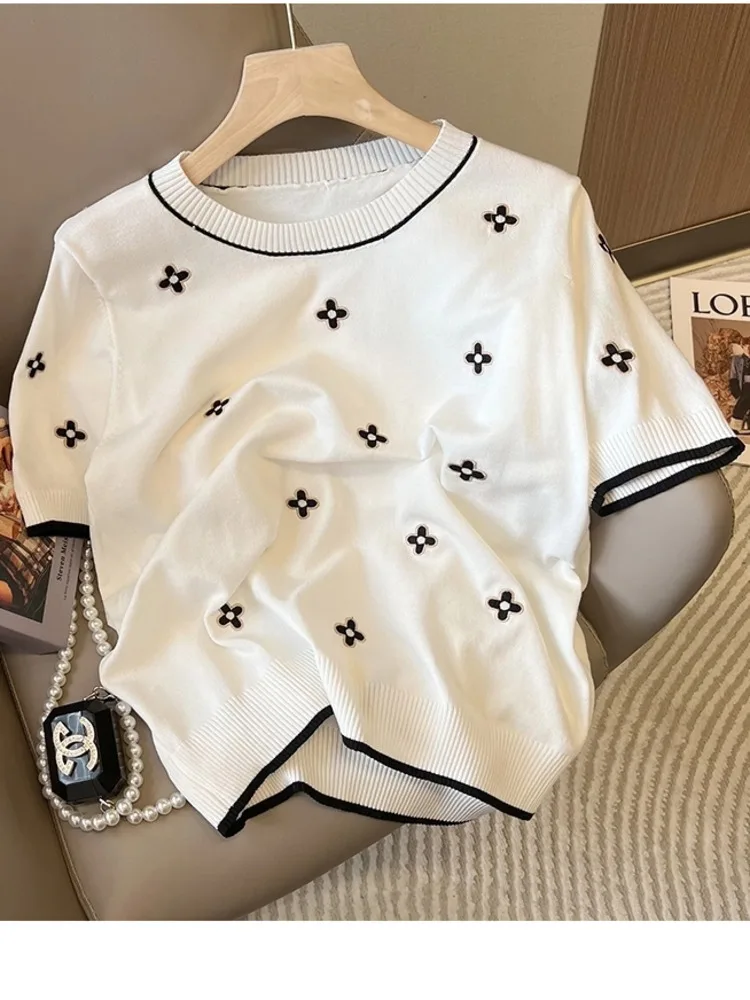 2024 Ice Silk Knitwear Women\'s Pullover Summer New Loose Versatile Slim Fashion Round Neck Short Sleeve Sweater Jumper Top Mujer