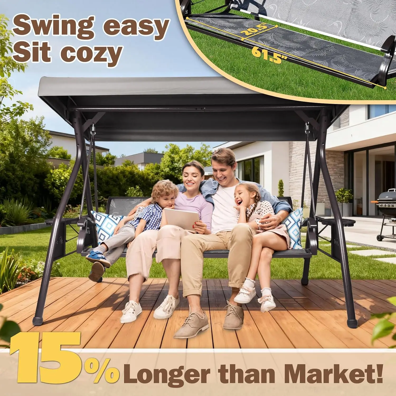 3 Person Patio Swing with Adjustable Canopy & Cup Holders Textilene Fabric Porch Chair with Stand 800 LBS, Customized