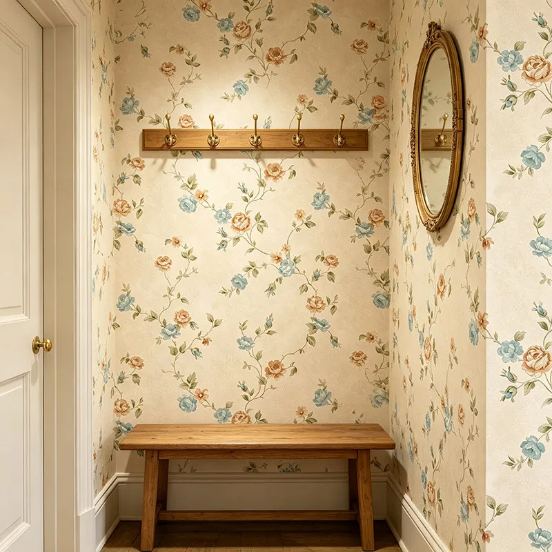 American Country Style Rose Floral Wallpaper Non-adhesive Beige Background Vine Flower Wallcovering for Bedroom Living Room