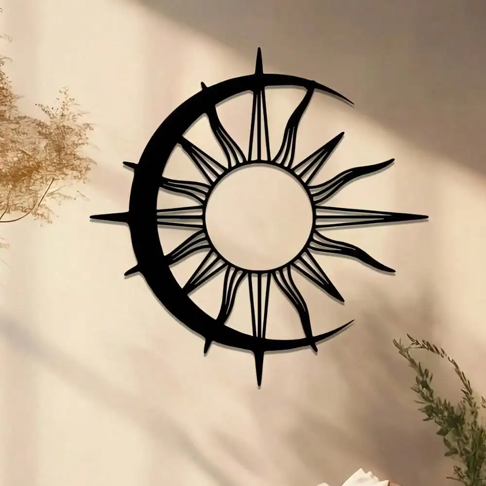 CIFbuy Iron Wall Art Black Metal Sunburst Moon Sculpture Vertical Hanging Decor Radiating Lines Cutout Modern Home Office