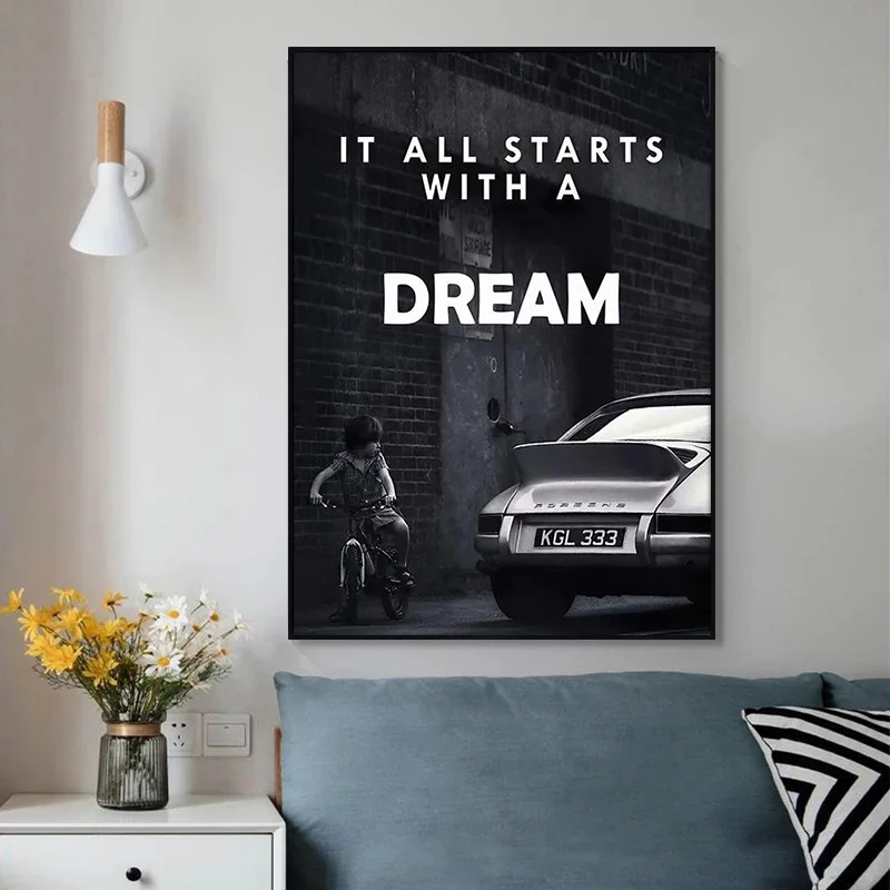 Black White Poster It All Starts with A Dream Motivational Slogan Posters Prints Canvas Painting Wall Art Pictures Home Decor