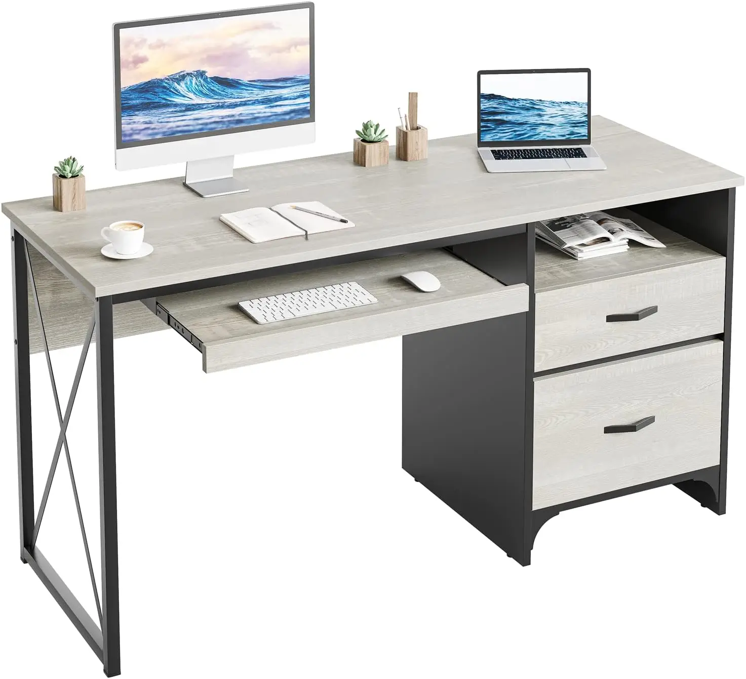 Office Desk with Drawers, 55 inch Industrial Computer Desk with Storage, Wood Teacher Desk with Keyboard Tray & File Drawer