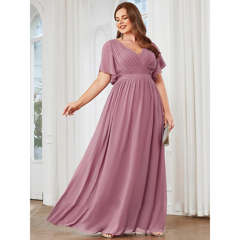 Plus Size A Line Chiffon V Neck Sashes Pleat Elegant Off Shoulder Bridesmaid Dresses Wedding Party Evening Formal Prom