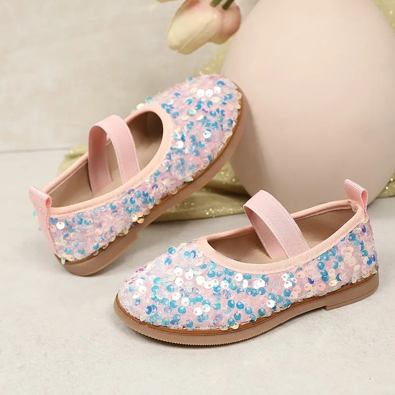Mädchen Flache Schuhe Glänzende Pailletten Slip-on Kinderschuhe Runde Zehen 2026 Brandneue Kinder-Lederschuhe Weiche Sohle Prinzessinnen-Stil – Detail 3