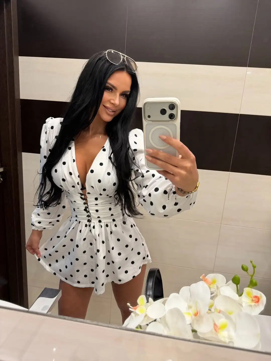 Women White Black Polka Dot Dresses V-neck Puff Long Sleeve Ruched Waist Short Jumpsuit 2026 Lady Casual Night Out Club Outfit