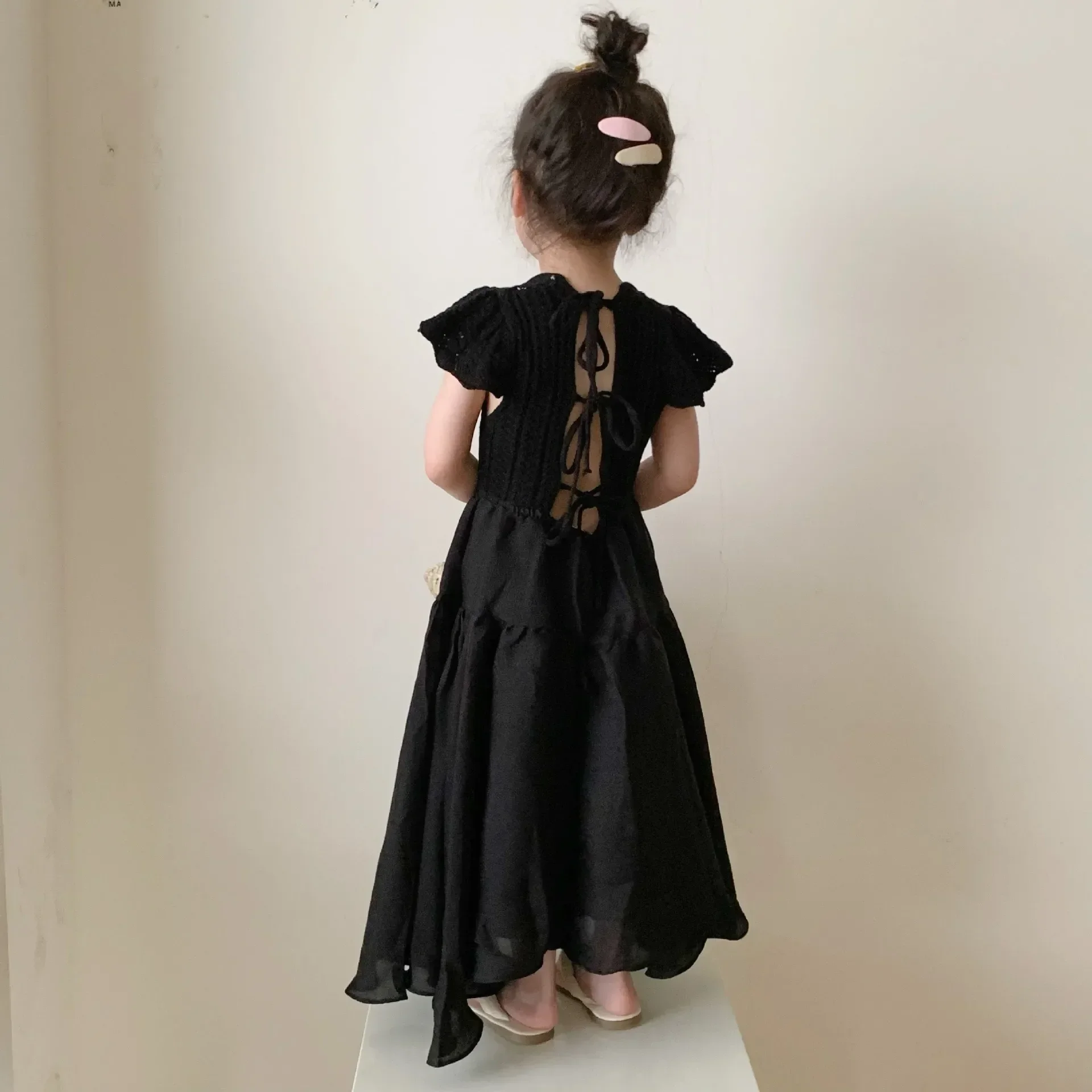 Children's 2024 Korean Summer Edition Women's Middle School and Children's Wool Splice Lace up Open Back Dress Children's Dress