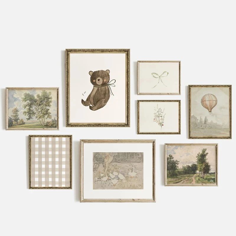 Vintage Aesthetic Bear Rabbit Goose Hot Balloon Check Pattern Bow Posters Prints Canvas Printing Wall Art Picture for Home Decor