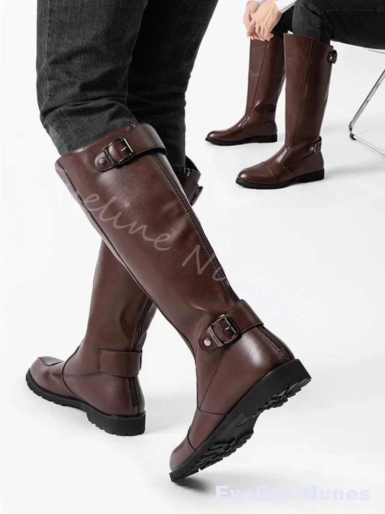 Retro-Minimalist Riding Boots Men British-Style Zippers Belt Buckle Motorcycle Boots Brown Platform Chunky Heel Knee High Boots