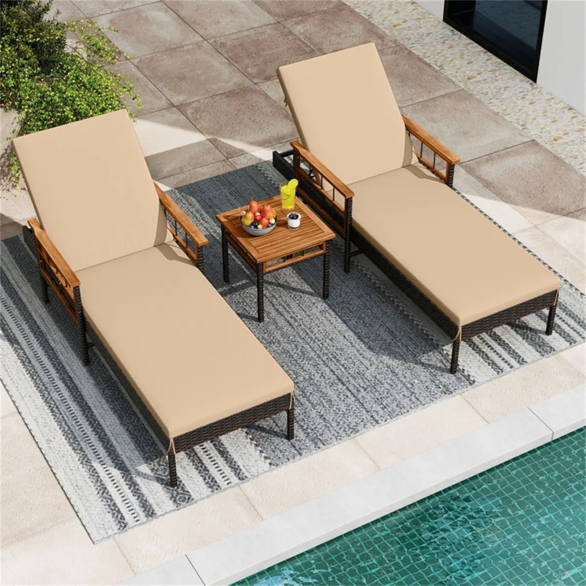 Acacia beige 79-inch mixed brown PE rattan outdoor recliner side table, 400 pounds, 4-gear backrest