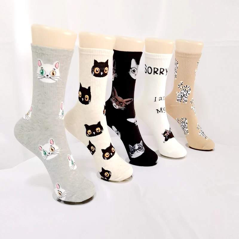 1 Pair of Spring Cute Women's Socks Kawaii Japan Harajuku Cartoon Cat Trend  Cotton Girls Casual Socks New Hot Salling