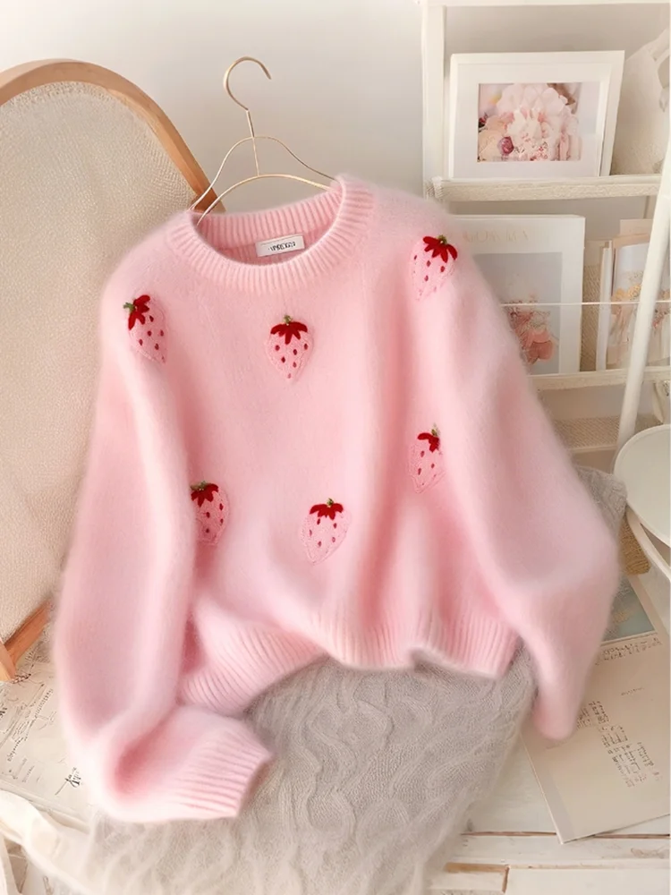 Zoki Fashion Strawberry Pink Sweaters Women Sweet Preppy Style Knitted Jumpers Top Korean Cute Long Sleeve Fall Elegant Pullover