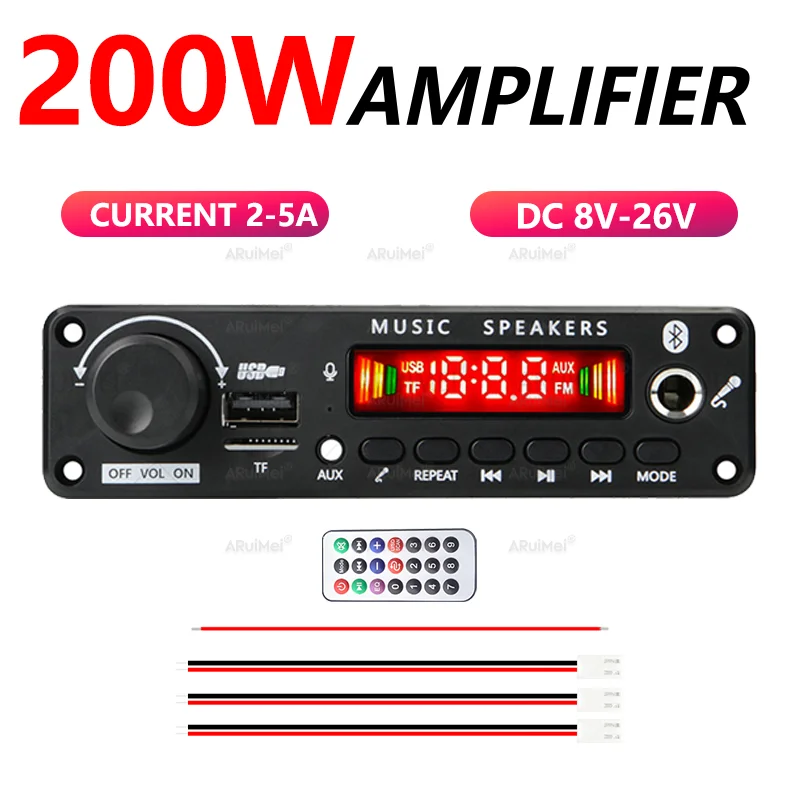 200W Bluetooth 5.0 Amplifier Board 2x100W Stereo Audio Power Amp USB TF FM AUX Mic Karaoke DC 8V-26V Car Home DIY Speaker image 6