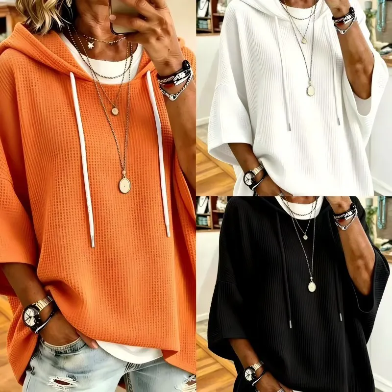 Women Autumn Solid Waffle Knit Hoodie, Loose Lazy Drawstring Three Quarter Sleeve Casual Pullover Top