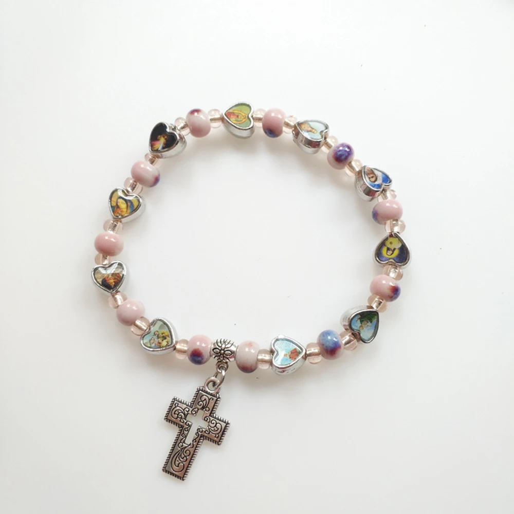 Diyalo Rosa Keramik Herz Heilige Ikone Christus Jesus Jungfrau Maria Perlenkette Hohlkreuz Stretch Armbänder für Frauen Mädchen Schmuck – Detail 3