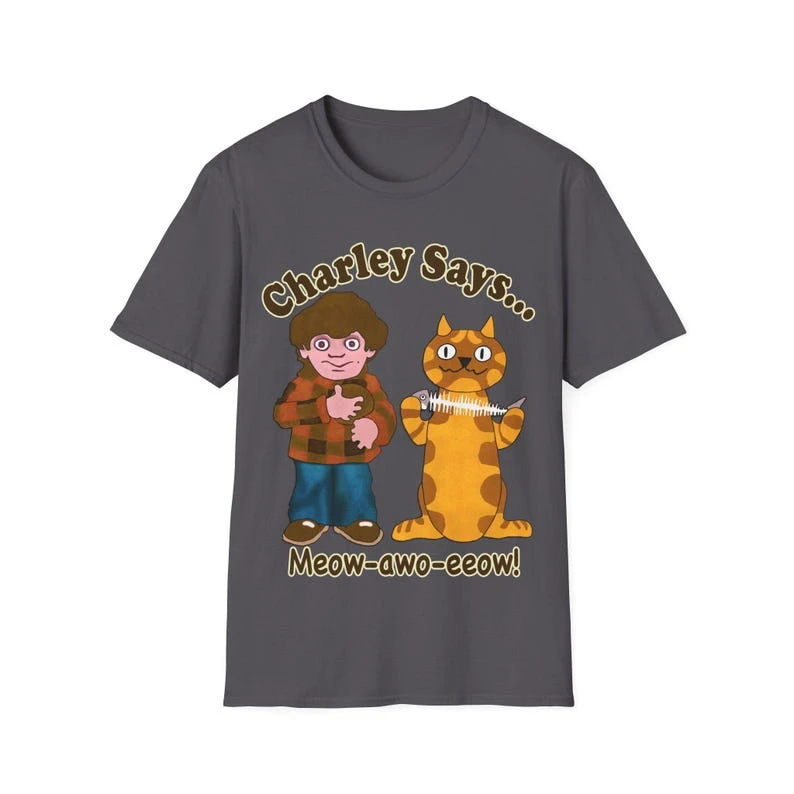 Charley Says Meow-awo-eeow T-Shirt | Retro Advert, Cat Cartoon Character Tee, Vintage Style Graphic Streetwear Men Clothing