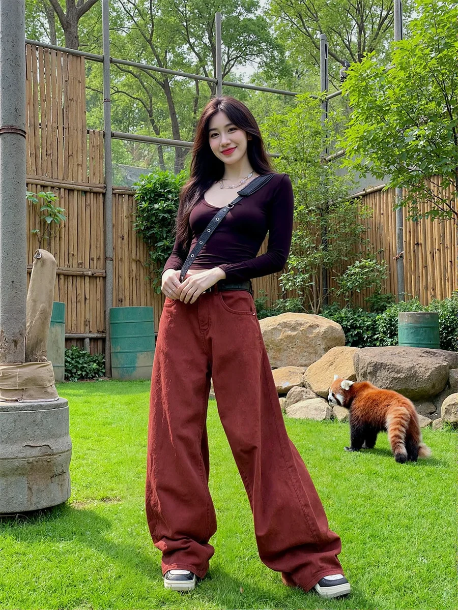 

Красные свободные джинсы с широкими штанинами в пол, женские узкие потертые повседневные модные женские брюки с высокой талией, уличная осень