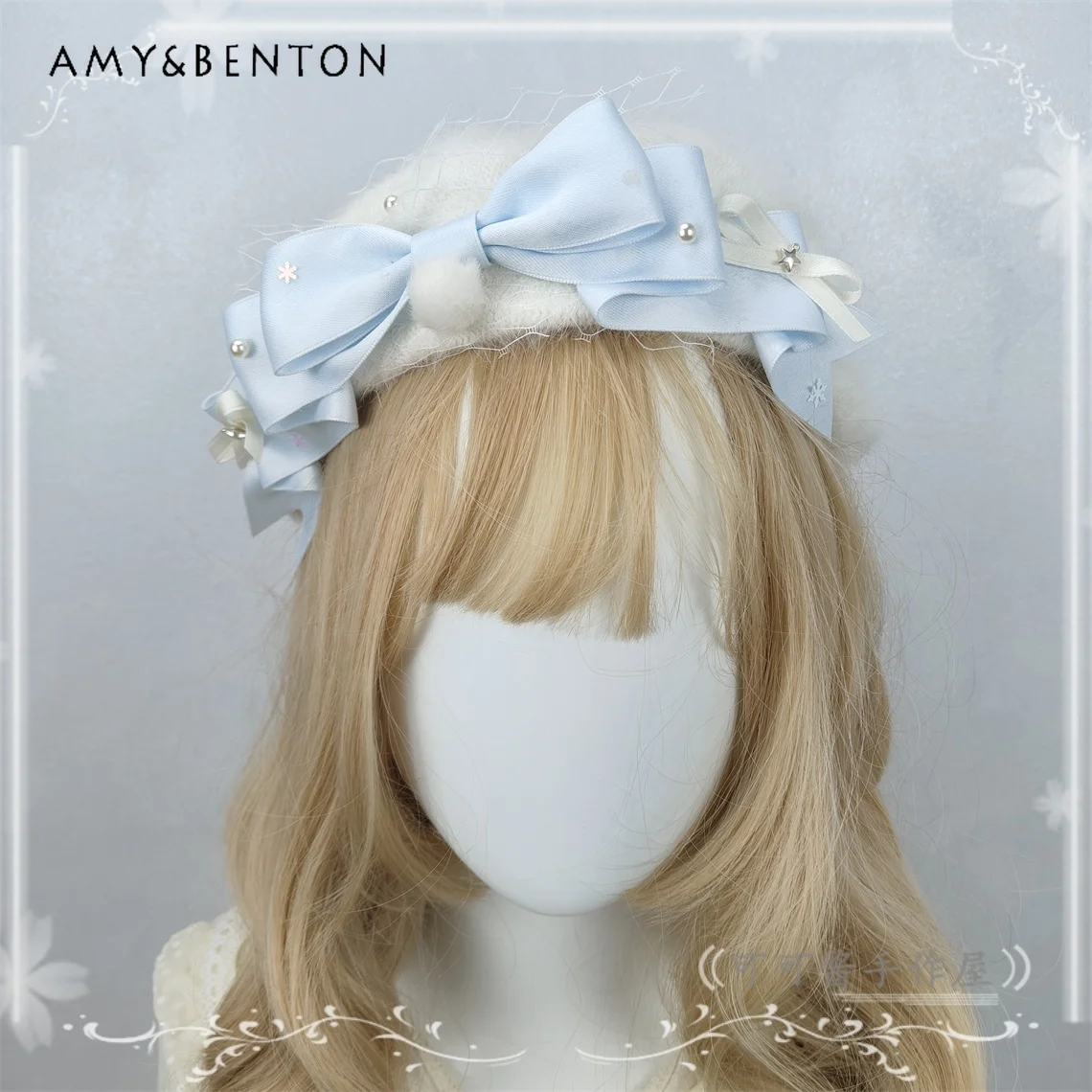 

Lolita Style Bowknot Beret Hat Autumn Winter Thickened Warmer Plush White Hat Sweet Girl Beret Cute New Year Christmas Hats