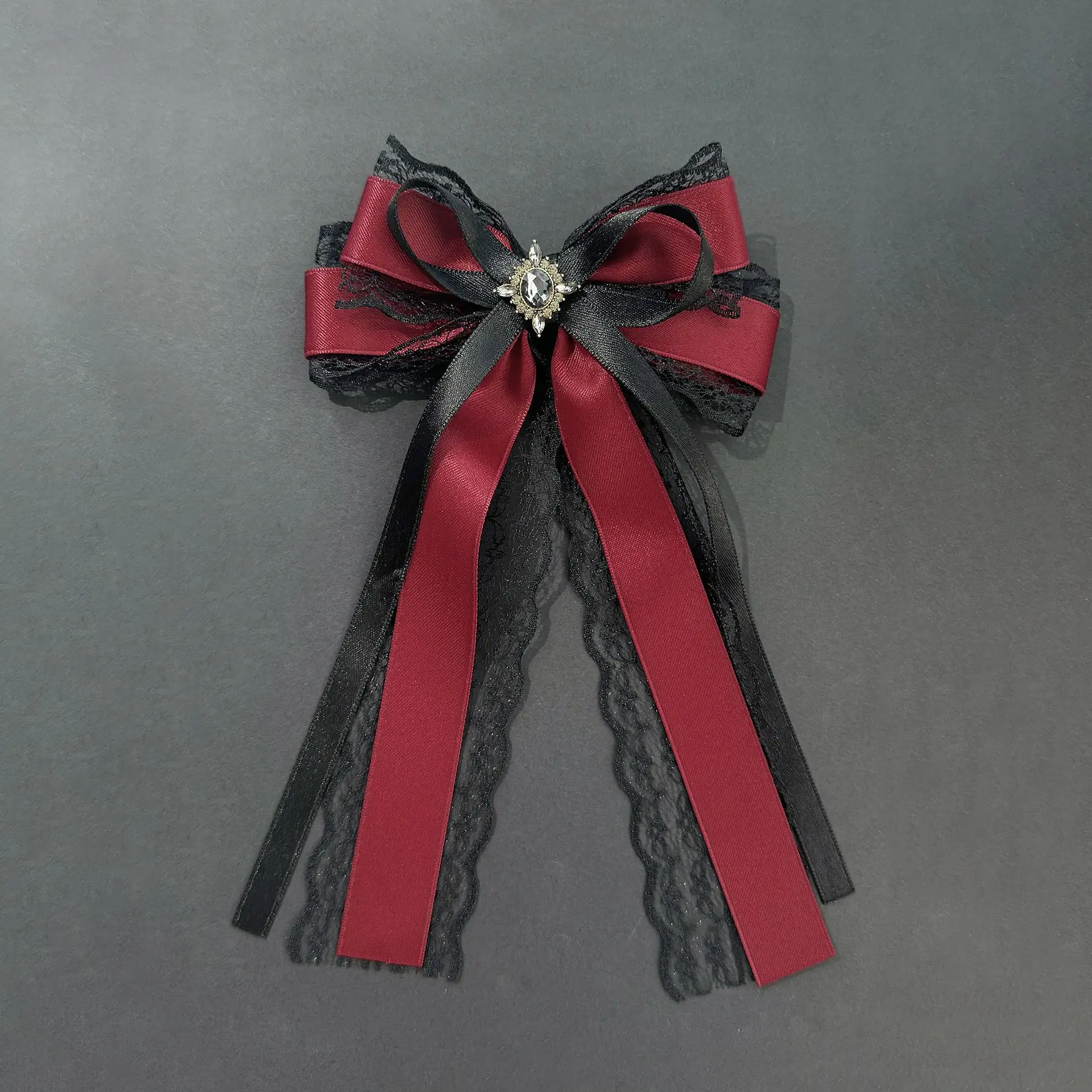 Gotische Schwarz-Rote Spitzen-Satin-Haarspange mit Vintage-Strass-Quaste, Lolita-Haaraccessoires für Alltag, Party und Hochzeit – Detail 4