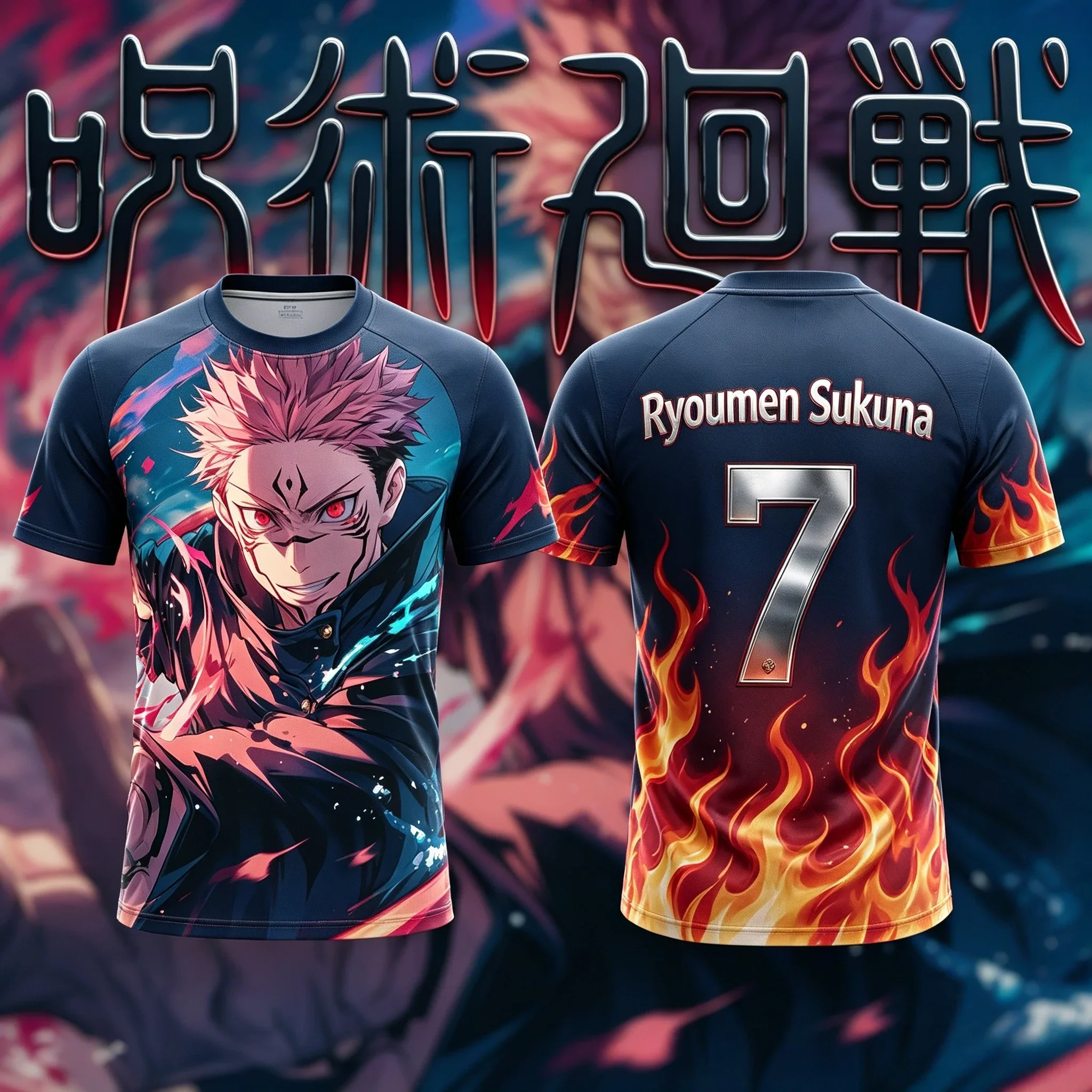 2026 Summer Jujutsu Kaisen Ryomen SukunaPrint T-shirt, Unisex Oversized Short Sleeve, Anime Flame Streetwear Sports Casual Tops