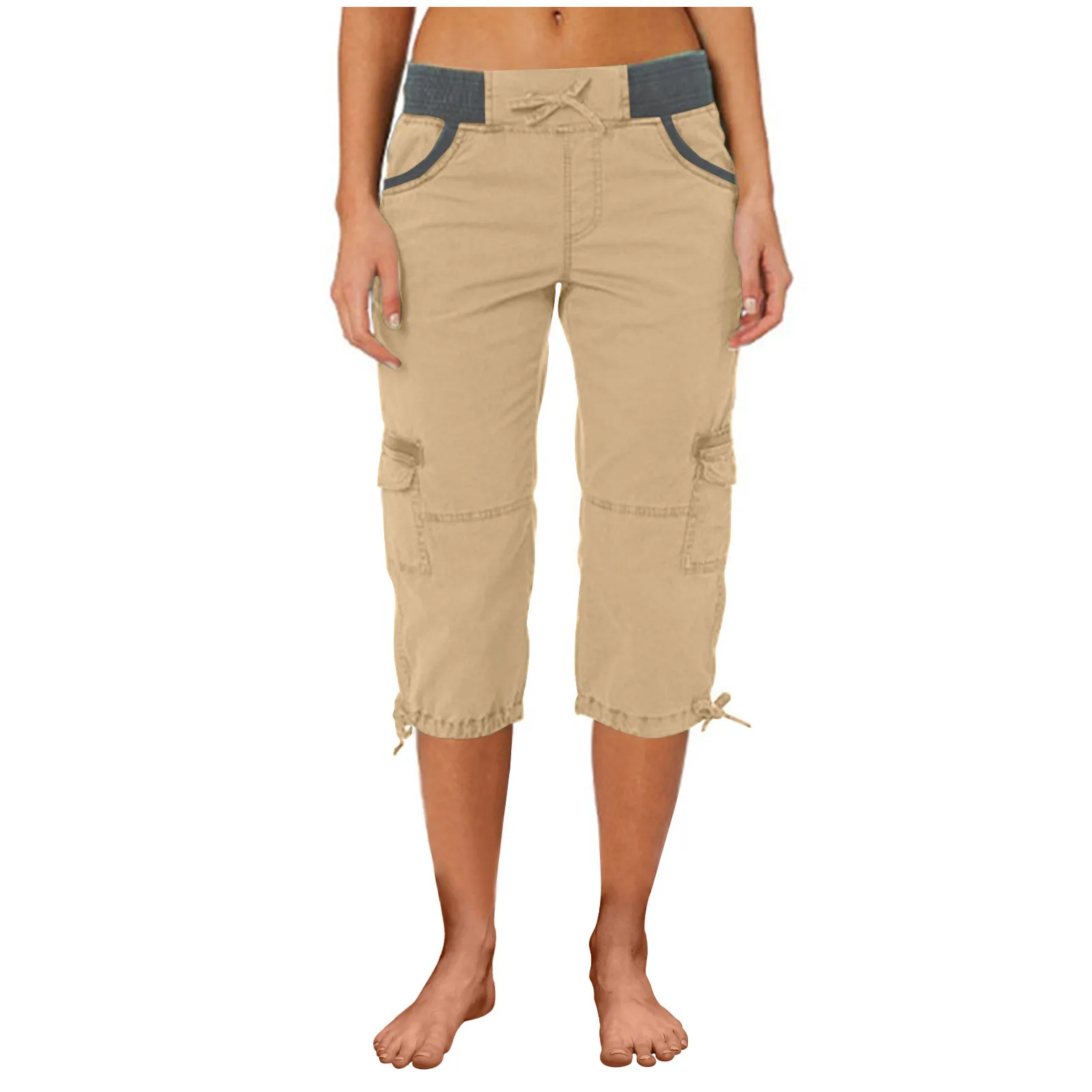 2026 Women's Summer Casual High Waist Drawstring Pocket Workwear Pants Solid Loose Wide Leg Extendable Cuffs 7-inch Pants Female