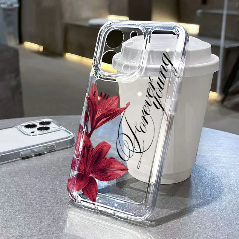 Capa de Telefone com Design de Padrão de Letras Inglesas e Lírio Borgonha para iPhone 18 17 16 15 14 13 12 11 Pro Max XS X XR 7 8 Plus 17E Air Cover