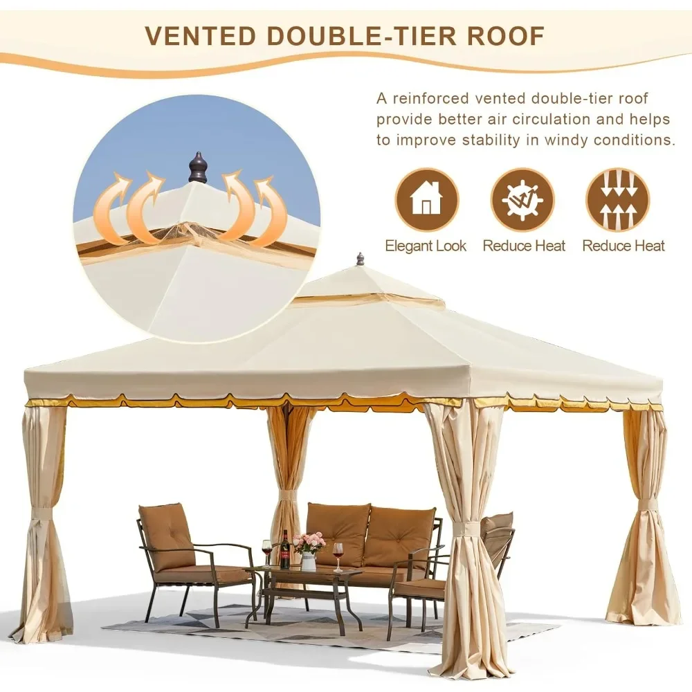 12' x 12' Outdoor Canopy Gazebo, Double Roof Patio Gazebo Steel Frame with Netting and Shade Curtains Garden,Patio,Party Canopy