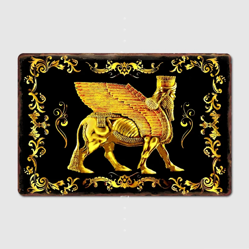 Assyria Assyrian Human Headed Winged Golden Lamassu Statue On Black Poster Metal Plaque Wall Cave Wall Decor Tin sign Posters