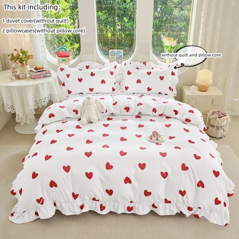3pcs red heart Duvet Cover Set (1*Duvet Cover + 2*Pillowcase, Without Core), ruffles Bedding Set