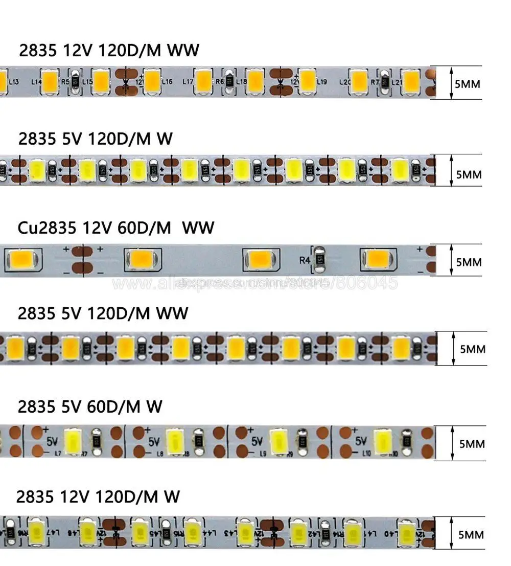 5V 12V 24V DC SMD 2835 LED pasek 5mm wąska szerokość PCB 60 / 120 / 180LED/M elastyczna doprowadziły światła zimna ciepły biały czerwony zielony