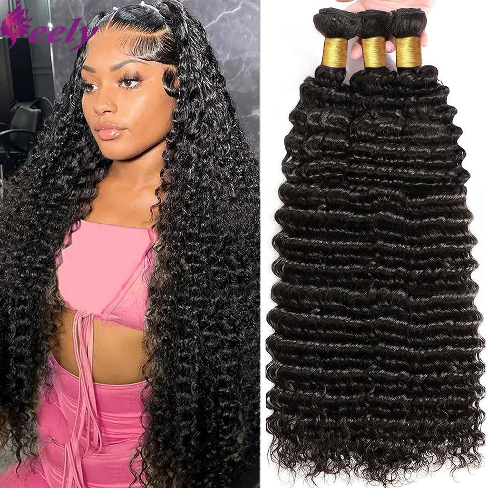 Bundles Human Hair Deep Wave Natural Black Brazilian 100% Real Human Hair Bundles Double Weft Extensions 20 22 24 Inch For Woman