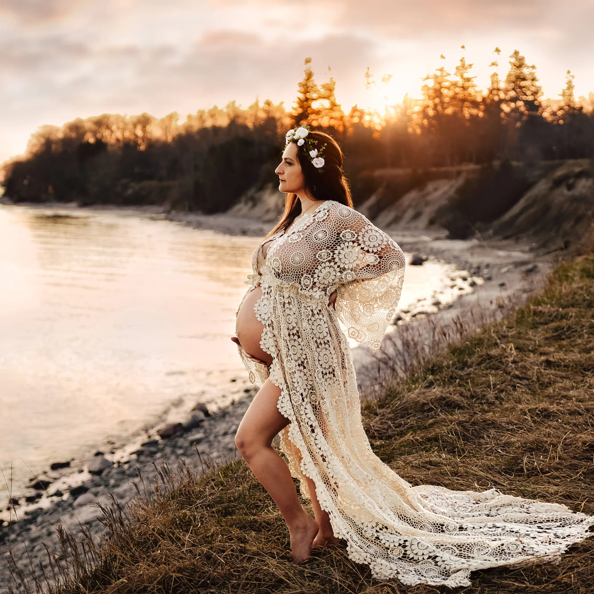 Don&Judy Boho Maternity Cardigan Dress for Photo Shoot Props V-neck Evening Pregnancy Women Photography Embroidery Cotton Robe