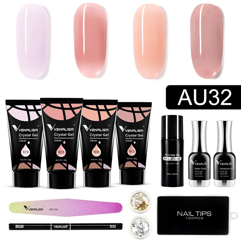 AU31 Poly Crystal Gel Kit Venalisa Soak Off UV LED Nail Manicure Semi Permanent Professional Salon Use 30g Fast Builder Nail Gel