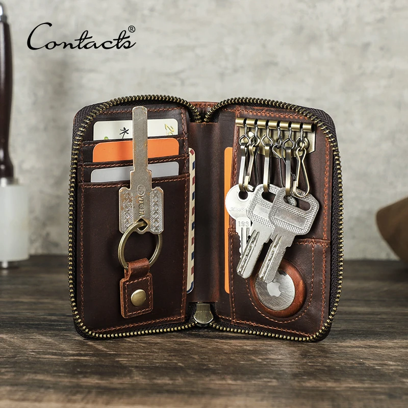 CONTACT'S Genuine Leather Key Wallets for Men Zipper Key Holders Key Pouch Car Key Bags Male Housekeeper Keys Organizer Key Case