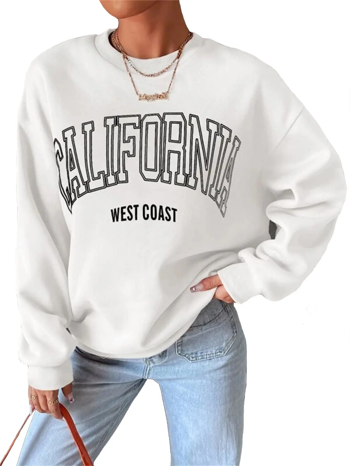 

DZ-DZ Women Oversized Fleece California Letter Graphic Print Sweatshirt Y2k Aesthetic Crew Neck Long Sleeve Pullover Jumper