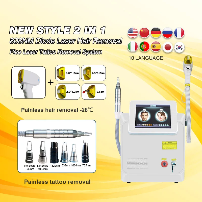 2024 Newest Adjust Spots Sizes 2in1 808 Diode Laser Pico Laser Best Tattoo Removal and Hair Removal Machine Pico+1064/808/755nm