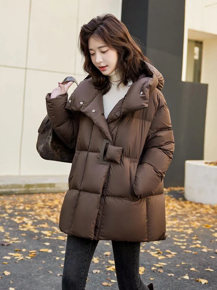 Women's Winter Coats New Fashion Collar and Hood Down Jacket 90% White Duck Down Mid-Length Thick Warm Loose Casual Puffer Coat