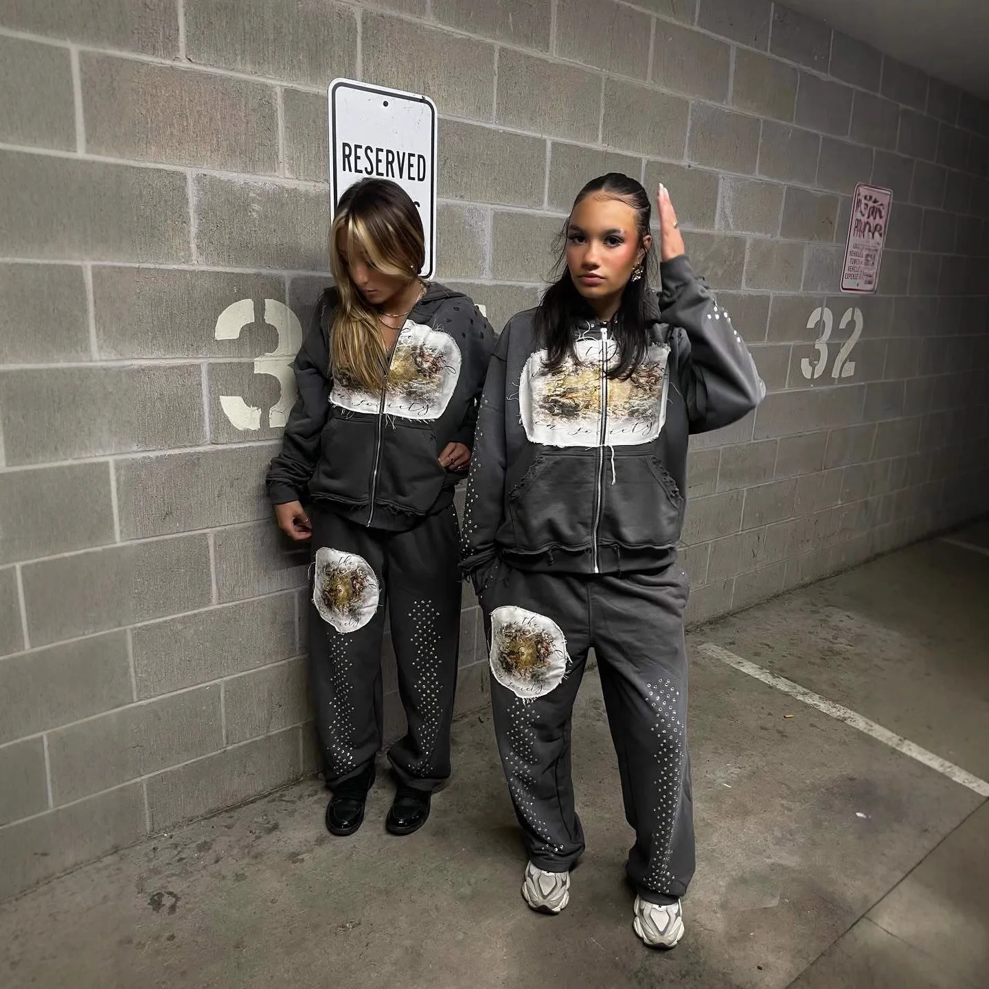 アメリカンスタイル 秋冬 ストリートファッション パーカー パッチワーク ローウエスト ドローストリング カジュアルパンツ セットアップ レディース