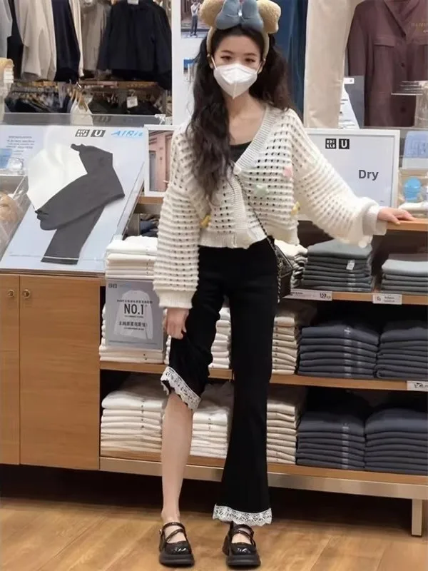 

Black Lace Splice Micro Flared Jeans Women plus Size High Waist Nine Points Elastic Slimming Bell Bottoms Casual Style Jeans