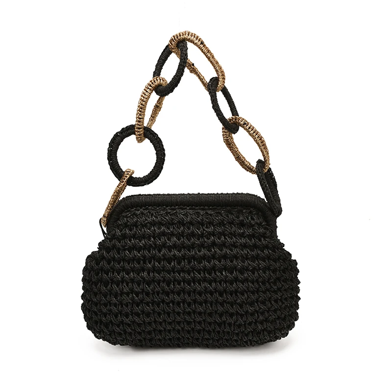 

Bohemian Retro Straw Woven Kiss Lock Clutch Bag Trendy Large Circle Ring Chain Handbag Summer New Beach Vacation Crossbody Bags